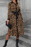 Lapel Long Sleeved Leopard Print Dress