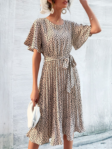 Women'S Lotus Leaf Leopard Print Short Sleeved Pleated Dress