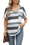 Printed Striped V-Neck Bat Sleeve T-Shirt
