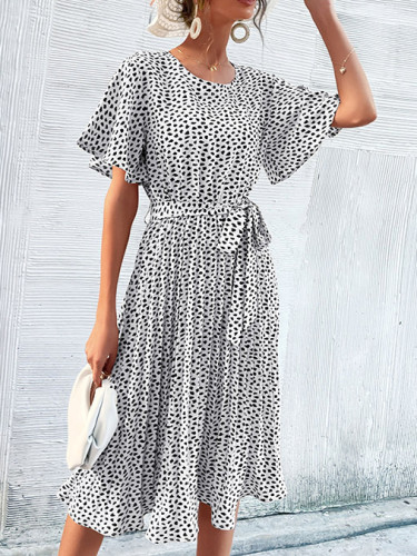 Women'S Lotus Leaf Leopard Print Short Sleeved Pleated Dress