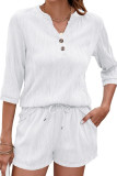Solid Color V-Neck Shirt Shorts Two-Piece Set