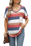Printed Striped V-Neck Bat Sleeve T-Shirt