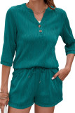 Solid Color V-Neck Shirt Shorts Two-Piece Set