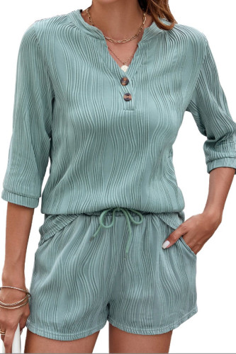 Solid Color V-Neck Shirt Shorts Two-Piece Set