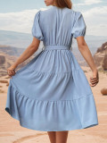 Round Neck Solid Color Patchwork Short Sleeved Dress