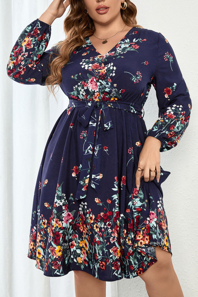 V-Neck Long Sleeved Floral Dress
