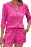 Solid Color V-Neck Shirt Shorts Two-Piece Set