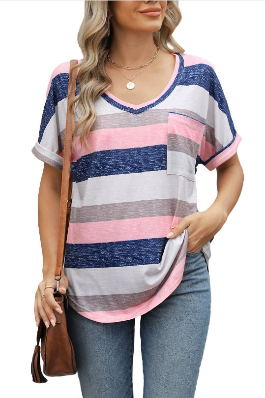 Printed Striped V-Neck Bat Sleeve T-Shirt
