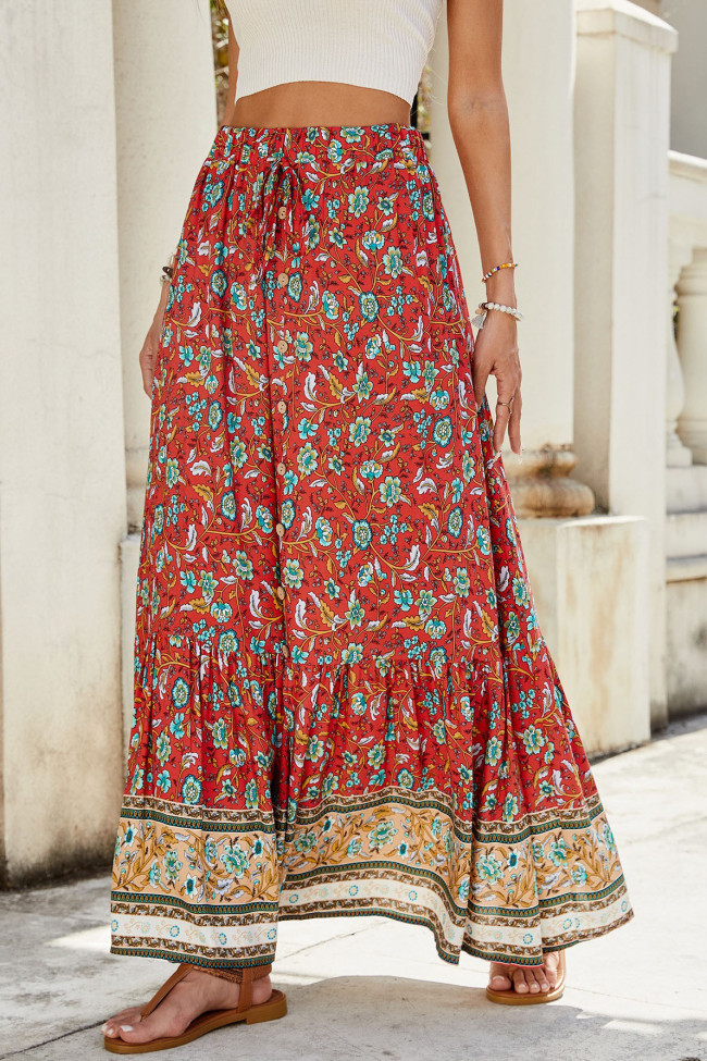 High Waisted Printed Breasted Split Skirt