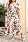 Flower V-Neck Short Sleeved Waist Cinching Dress