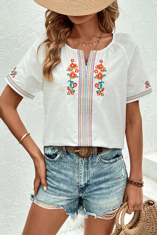 White V-Neck Floral Embroidered Shirt