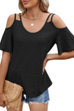 Solid Color V-Neck Off Shoulder Short Sleeved T-Shirt
