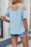 Solid Color V-Neck Off Shoulder Short Sleeved T-Shirt
