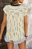 Open Button V-Neck Printed Ruffle Edge Shirt