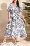 Flower V-Neck Short Sleeved Waist Cinching Dress
