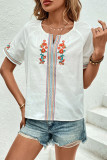 White V-Neck Floral Embroidered Shirt