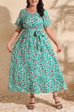 Flower V-Neck Short Sleeved Waist Cinching Dress