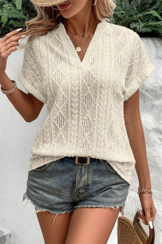 Hollow Jacquard V-Neck Loose Short Sleeved Shirt