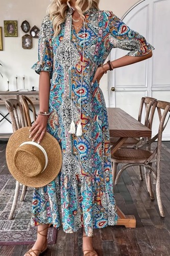 Summer Printed Lace Up Ruffle Edge Dress