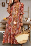 Summer Printed Lace Up Ruffle Edge Dress