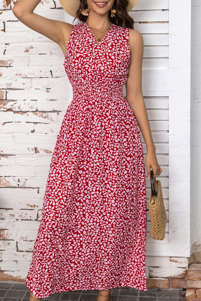 Beach V-Neck Floral Cinched Sleeveless Dress
