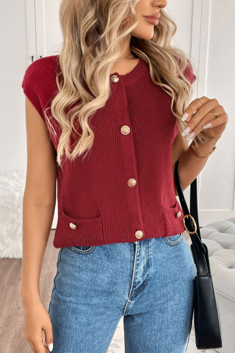 Red Round Neck Short Sleeved Knitted Cardigan Sweater