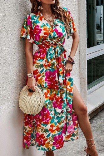 Holiday V-Neck Printed Short Sleeved Dress