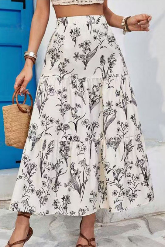 Plus Size Apricot Boho Floral Tiered Maxi Skirt
