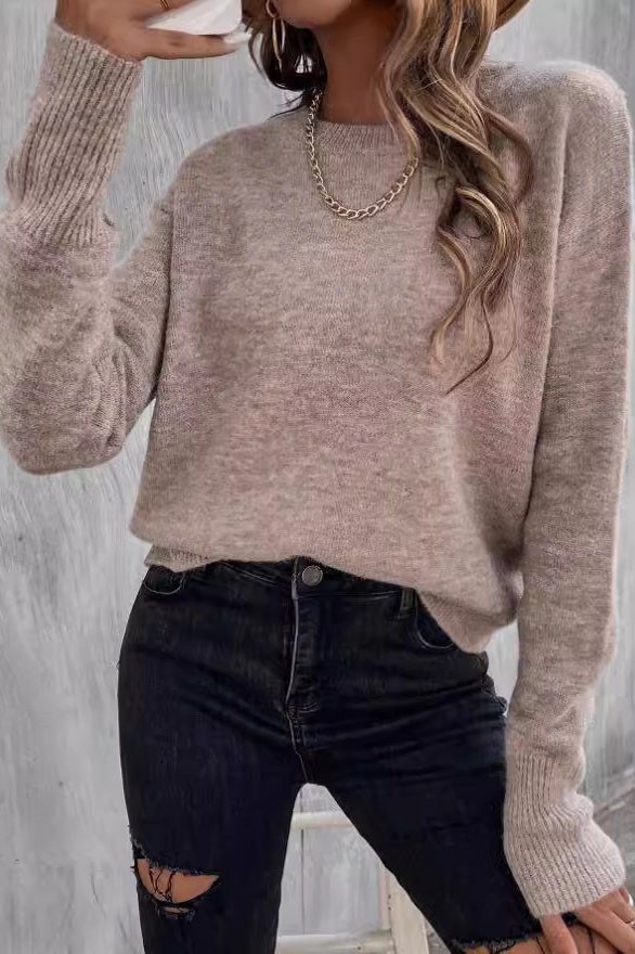 Round Neck Solid Color Versatile Knitted Sweater