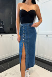 High Waisted Button Irregular Slit Denim Skirt