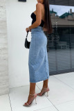 High Waisted Button Irregular Slit Denim Skirt