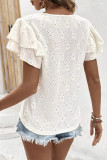 Solid Color V-Neck Lotus Leaf Double-Layer Sleeve Shirt