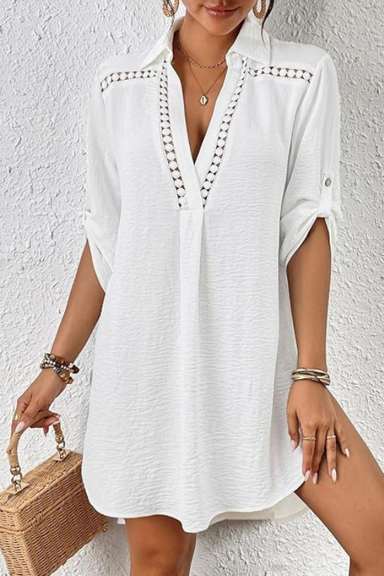 V-Neck Hollow Lace Irregular Shirt Cover