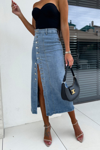 High Waisted Button Irregular Slit Denim Skirt
