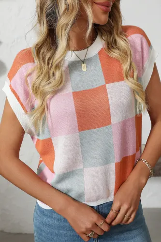 Short Sleeved Round Neck Knitted Checkerboard Sweater
