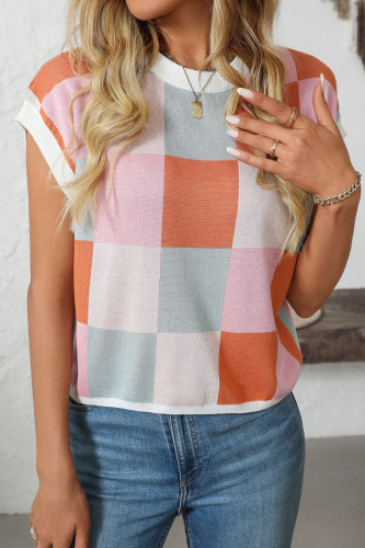 Short Sleeved Round Neck Knitted Checkerboard Sweater