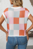 Short Sleeved Round Neck Knitted Checkerboard Sweater