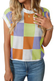 Short Sleeved Round Neck Knitted Checkerboard Sweater