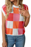Short Sleeved Round Neck Knitted Checkerboard Sweater