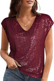 Solid Color Sequin Slim Fit V-Neck T-Shirt