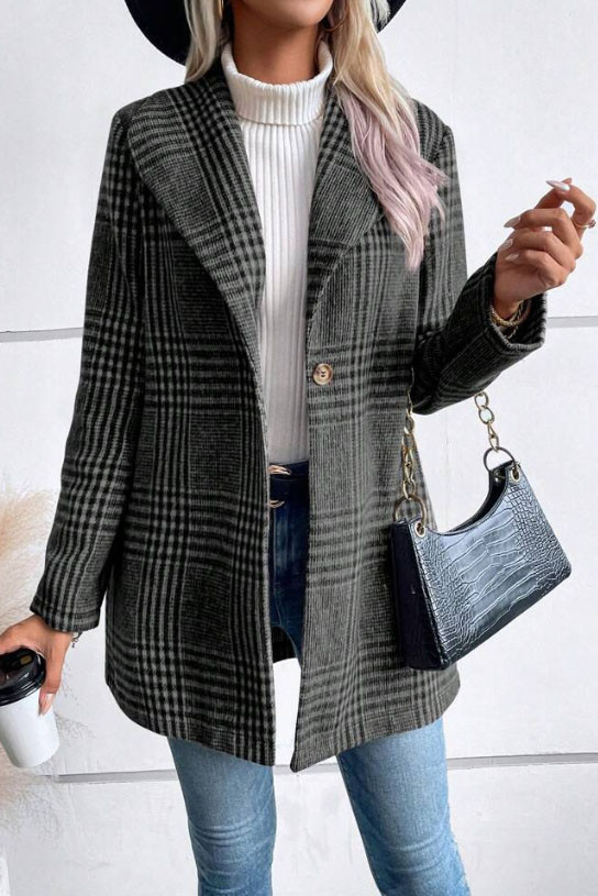 Winter Lapel Woolen Plaid Printed Jacket