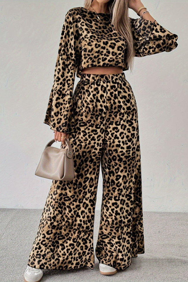 Leopard Print Long Sleeved Pants Two-Piece Set