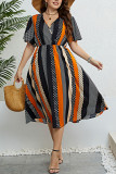 V-Neck Waist Cinched Printed Short Sleeve Dress