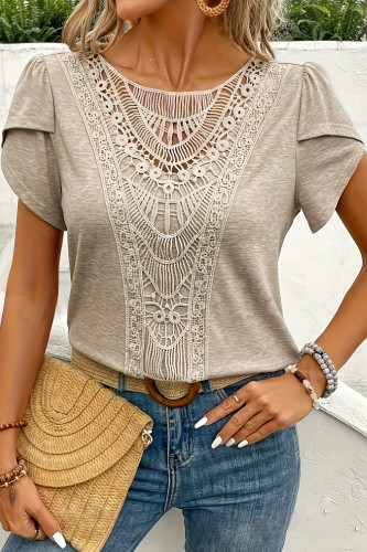 Lace Round Neck Short Sleeved T-Shirt