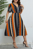 V-Neck Waist Cinched Printed Short Sleeve Dress