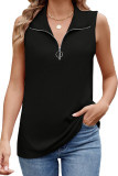 Solid Color Lapel Zipper Sleeveless T-Shirt