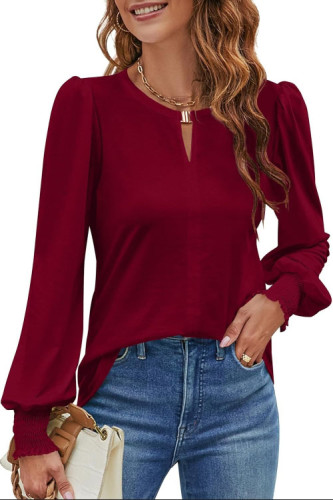 V-Neck Buckle Bubble Long Sleeve T-Shirt