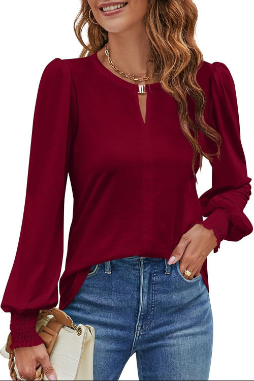 V-Neck Buckle Bubble Long Sleeve T-Shirt