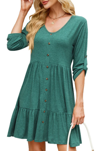 Solid Color Round Neck Button Mid Sleeve Dress