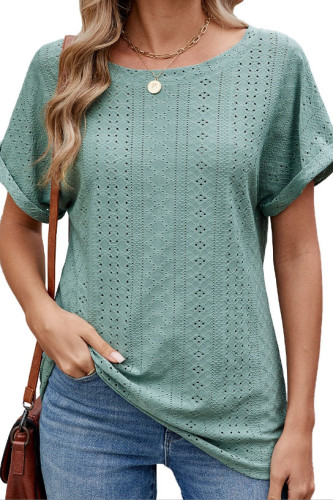 Solid Color Round Neck Short Sleeved Hollow T-Shirt
